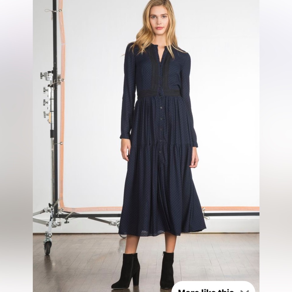 Shoshanna Navy Blue Swiss Dot Crepe Camile Midi Dress SZ 8